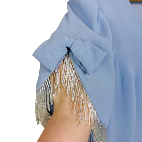 Samuel Scott Vintage Short Sleeve Back Button Beaded Fringe Blouse Light Blue - Picture 4 of 9